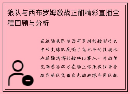 狼队与西布罗姆激战正酣精彩直播全程回顾与分析